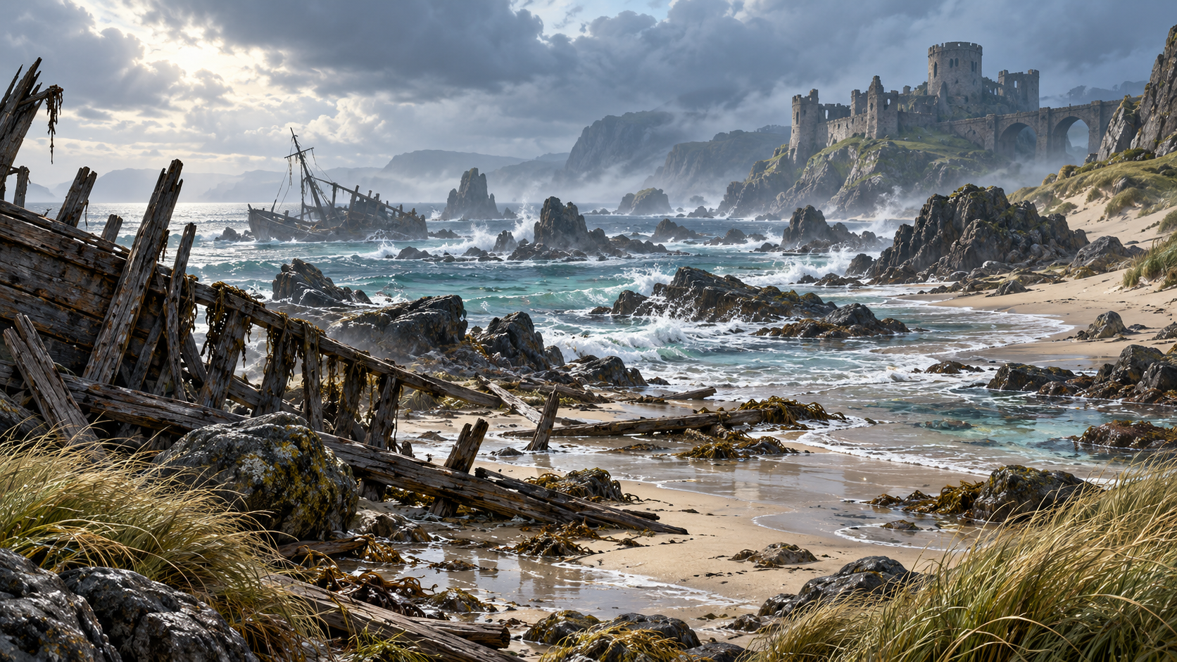 A storm-torn fantasy coast, shipwrecks and a castle above the sea.